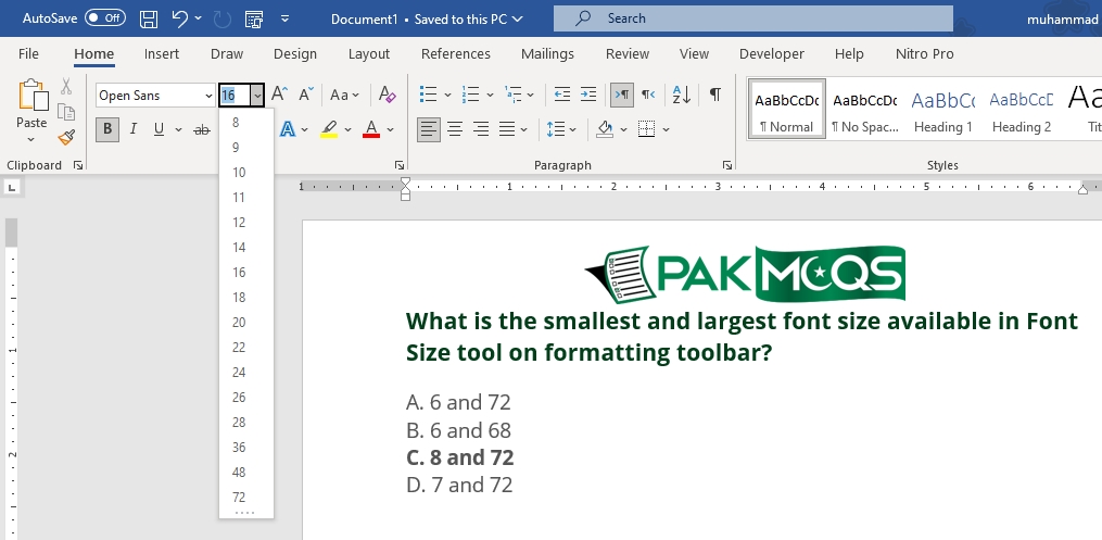 What is the smallest and largest font size available in Font Size tool on formatting toolbar?